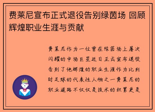 费莱尼宣布正式退役告别绿茵场 回顾辉煌职业生涯与贡献 费莱尼宣布正式退役告别绿茵场 回顾辉煌职业生涯与贡献